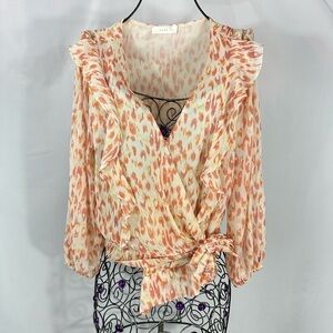 Lush orange animal print ruffle wrap blouse size M